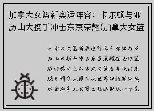加拿大女篮新奥运阵容：卡尔顿与亚历山大携手冲击东京荣耀(加拿大女篮wnba)