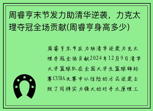 周睿亨末节发力助清华逆袭，力克太理夺冠全场贡献(周睿亨身高多少)