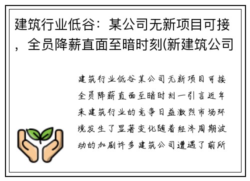 建筑行业低谷：某公司无新项目可接，全员降薪直面至暗时刻(新建筑公司没有业绩怎么办)