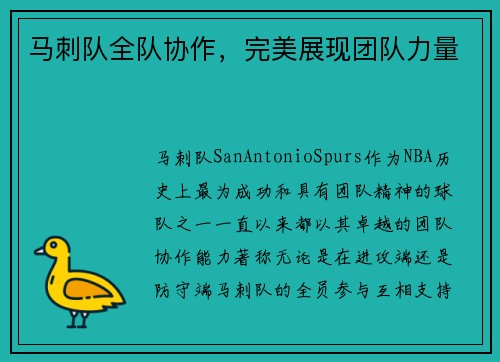 马刺队全队协作，完美展现团队力量