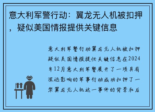 意大利军警行动：翼龙无人机被扣押，疑似美国情报提供关键信息