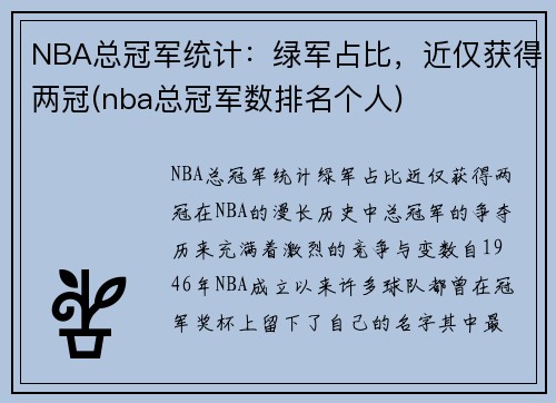 NBA总冠军统计：绿军占比，近仅获得两冠(nba总冠军数排名个人)